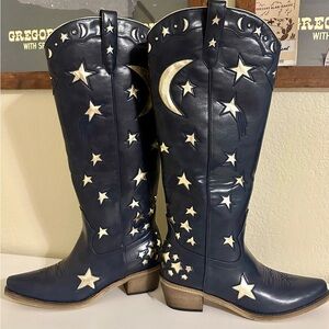 Navy Blue Cowboy Boots with Star and Moon Design